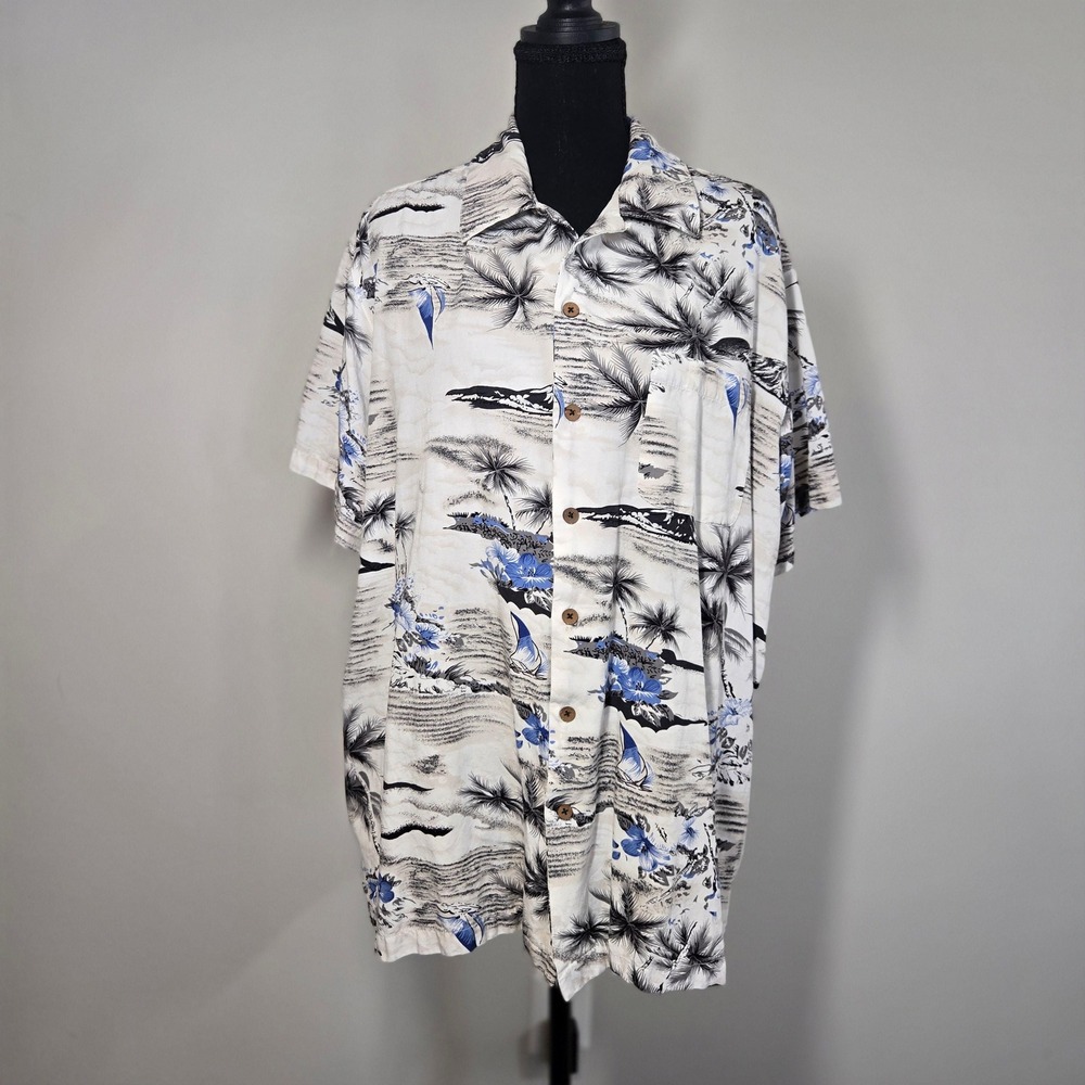 Milano Bay Hawaiian Shirt Mens XXL Blue White Palm Tree Rayon Blend (T7)